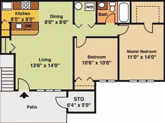 2 Bedroom Seville features kitchen pantry, washer/dryer closet, extra large walk in closet for master bedroom, and connected outdoor storage unit.