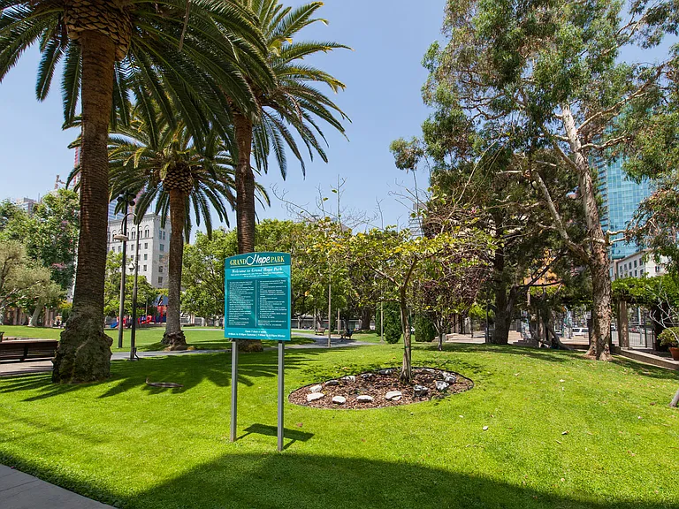 Grand Hope Park features beautiful landscaping, public art and a playground