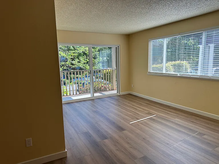 large sunny living room with new flooring