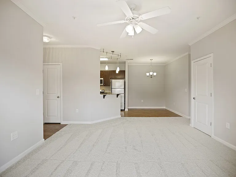 Living room with a ceiling fan and lush carpeting