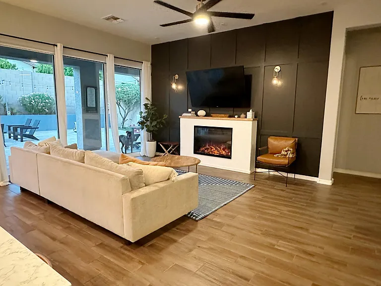 Living room, newly upgraded fireplace