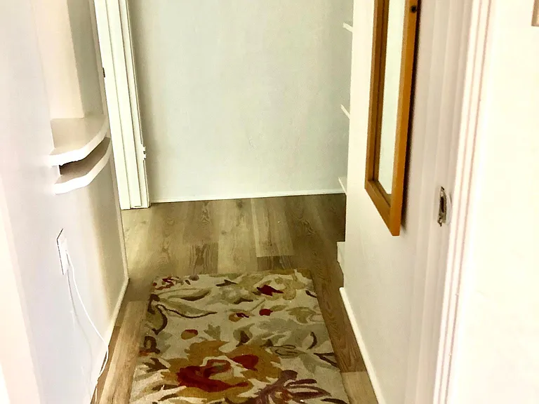 Hallway to the bedroom. Bedroom is large with a closet and built in drawers/storage.
