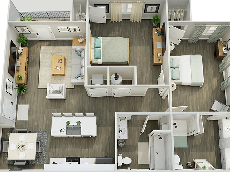 Modern floor plan showcasing two inviting bedrooms, elegant open living and dining areas, and a sleek kitchen, perfect for stylish living. Modern floor plan showcasing two inviting bedrooms, elegant open living and dining areas, and a sleek kitchen, perfe