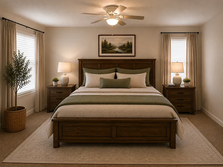 Master bedroom View #1 with AI Furniture to show size (furniture, throw rug and plant NOT included)