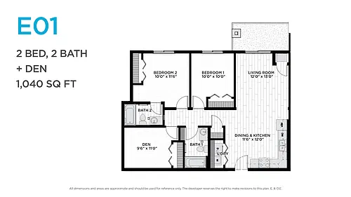 Floor plan Two Bedroom Two Bath Den