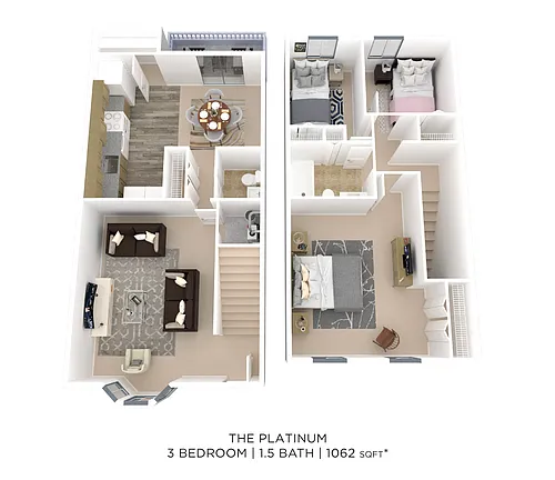 Floor plan Three Bedroom 1.5 Bath Townhome - 1,062 sqft