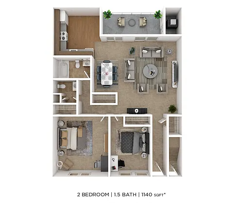 Floor plan Two Bedroom 1.5 Bath - 1,140 sqft