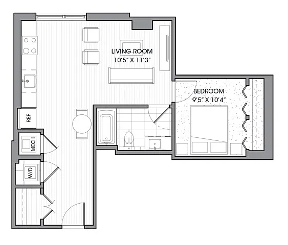 Floor plan One Bedroom One Bath (632 SF)