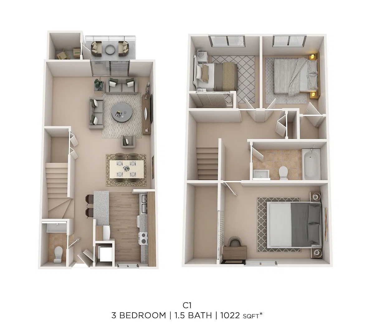 Floor plan Three Bed 1.5 Bath 1022 Sqft