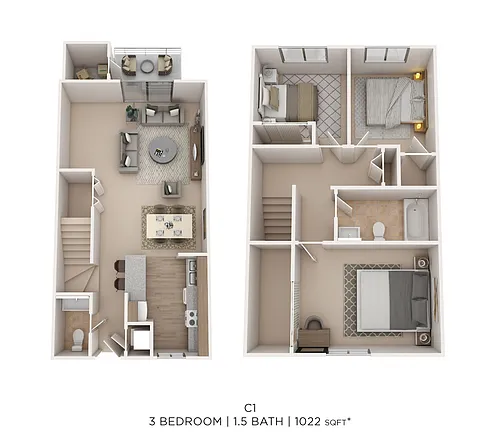 Floor plan Three Bed 1.5 Bath 1022 Sqft