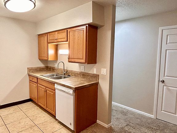 Inviting kitchen featuring warm wooden cabinets, modern fixtures, and a sleek dual sink with a bright atmosphere.
