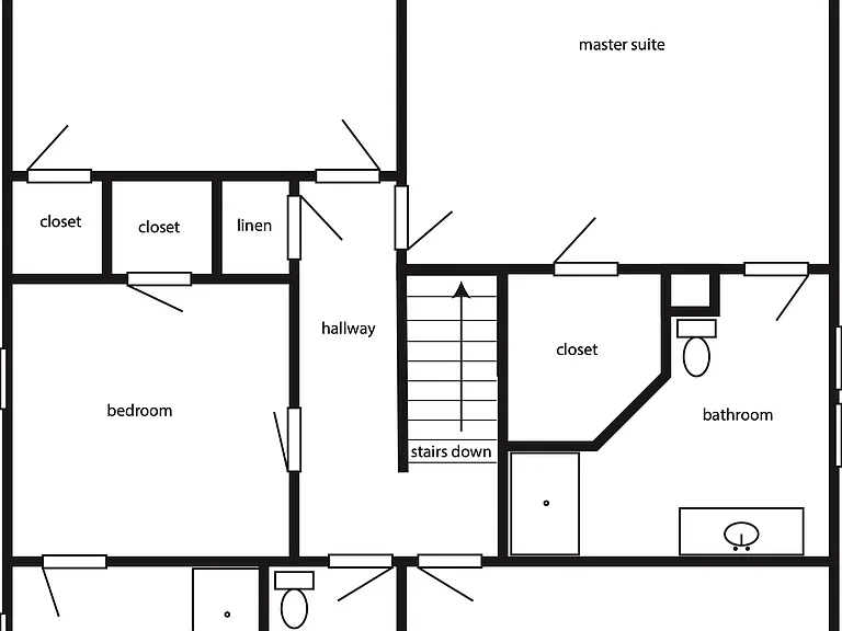 Upstairs
4 bedrooms and 3 bathrooms

Master - King bed with attached bathroom
2nd - King bedroom with shared hall bathroom.
3rd - Queen bedroom with attached bathroom.
4th - King bedroom with shared hall bathroom.