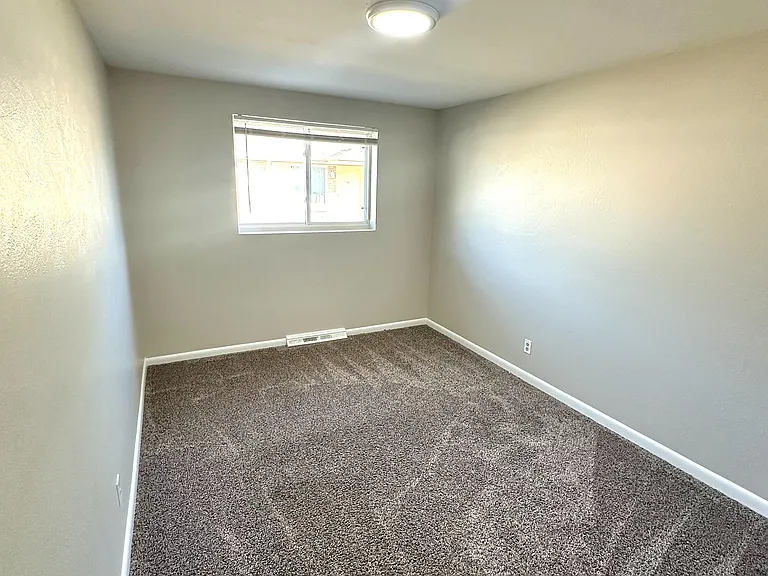 Cozy bedroom with plush carpeting, minimalist design, and a bright window for natural light.