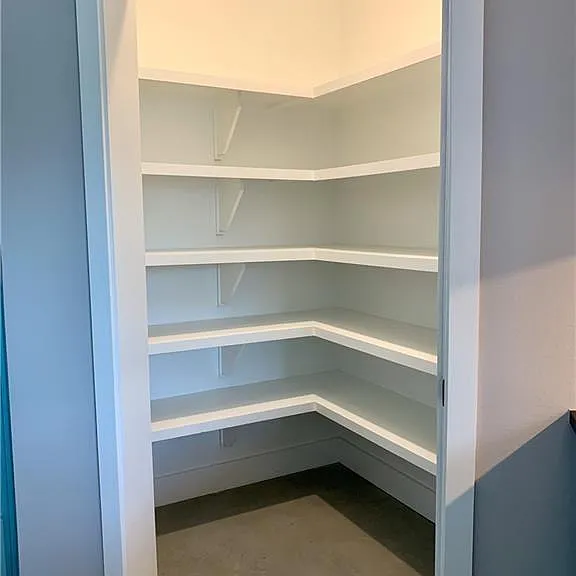 Large kitchen pantry with pocket door.
