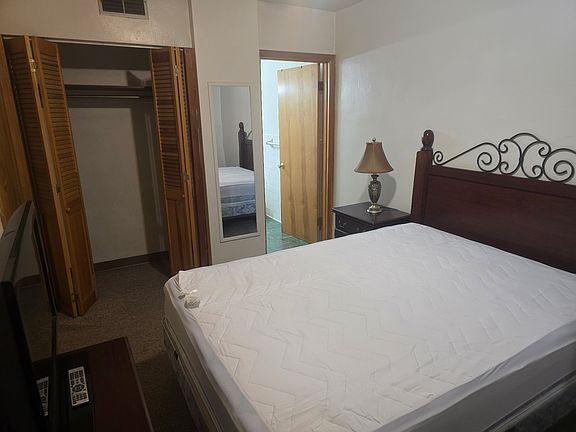 Bedroom suite with bed, dresser, TV and stand, nightstand, large closet