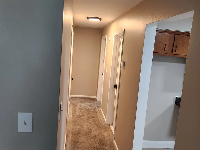 Hall to Kitchen (right), bathroom (right past the kitchen), 2 bedrooms on Left, MBR on Right at end of the hall. New paint and LED Lights and door hardware/outlets/plates.