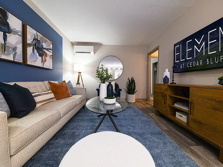 Step into comfort and style at Element at Cedar Bluff. This living room offers a perfect blend of modern design and cozy ambiance.