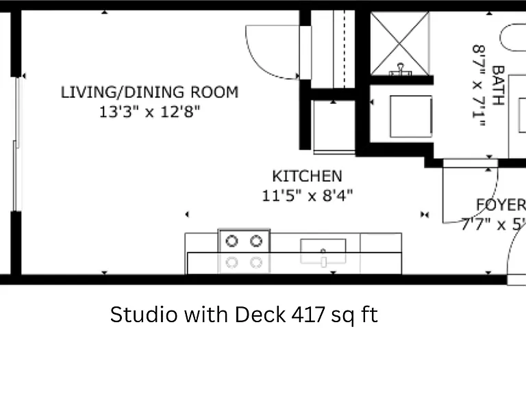 Studio with Deck l 417 sq ft l The Ruby Studio with Deck l 417 sq ft l The Ruby