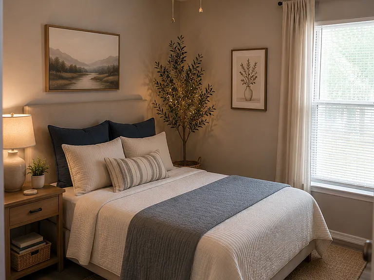 Virtually staged image. Bedroom furnishings are digital renderings provided for visualization purposes only. Home is vacant.