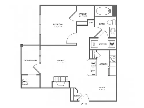 Floor plan One Bedroom One Bath (703 SF)