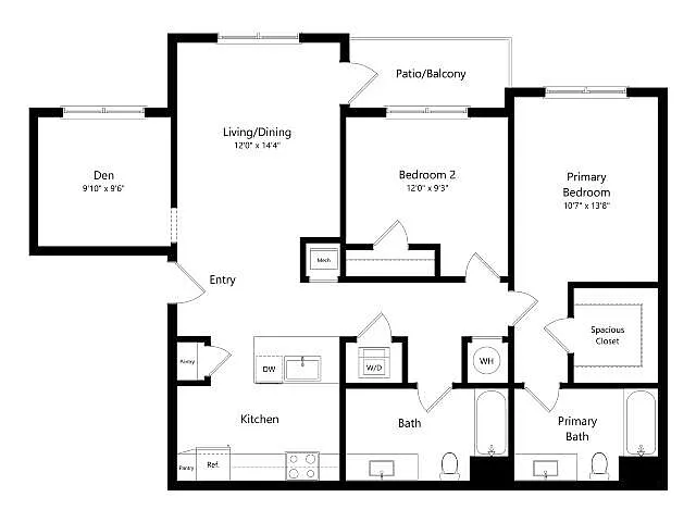 Floor plan B3D | 2 Bed | 2 Bath | Den