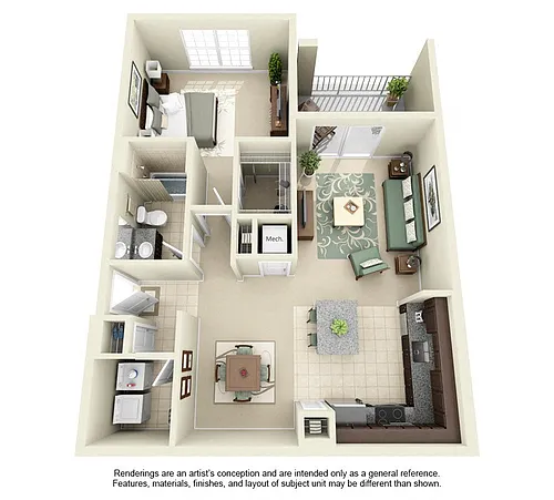 Floor plan A2: 1 Bed 1 Bath