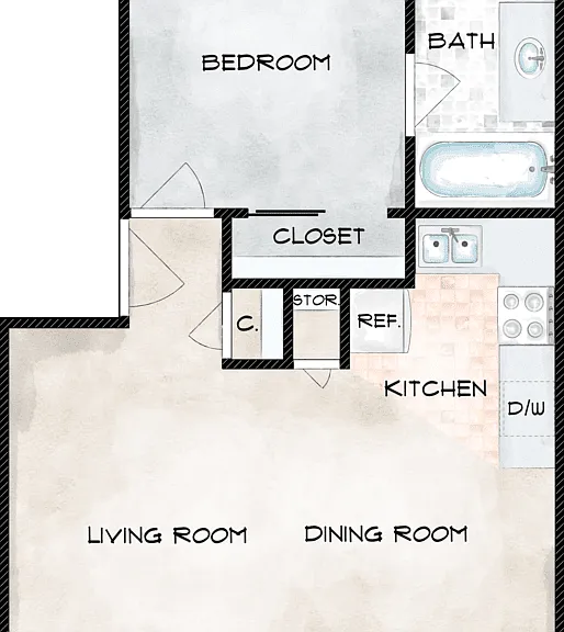 1 Bed 1 Bath A Floorplan Diagram