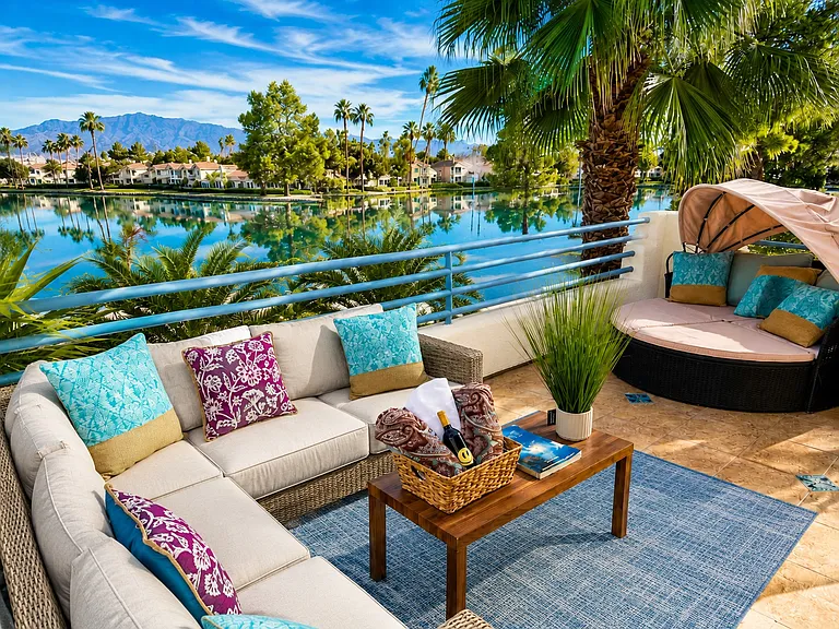 deck off the master BR - Unobstructed view of the mountains, the lake, and the beach just left of the lake.