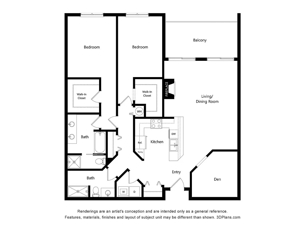 Floor plan BD2 Two Bed Two Bath + Den