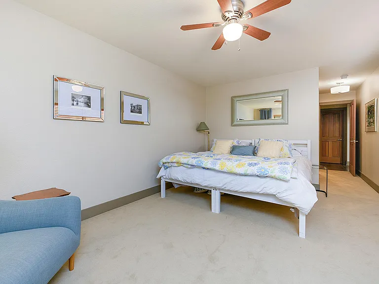 The Master bedroom sits at the front of the home, a hallway away, providing privacy, a walk-in closet and a large master bath. The king size bed is spacious and comfy, or can be divided into two single beds, depending on your needs.