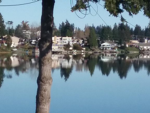 View from the deck. Great swimming beach, park and frisbee golf course to the left of photo, five minute walk. Additional play park and dock 10 minute walk to the right, next to Emory's on the Lake. Also great shopping across silver Lake.
