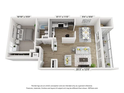 Floor plan Q - 1BR 1BA (790sf)