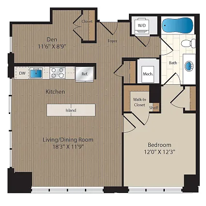Floor plan 1 Bed-1 Bath Den-B5