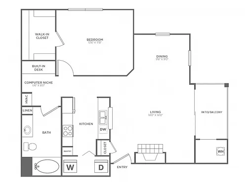Floor plan One Bedroom One Bath (850 SF)