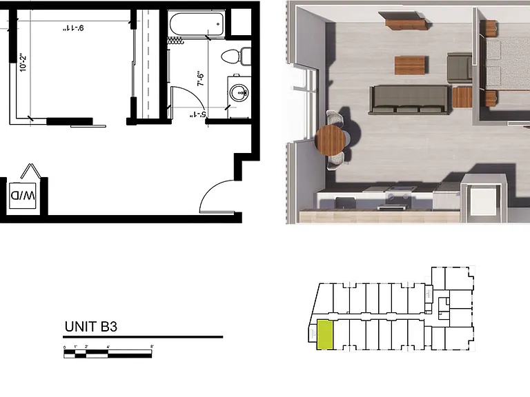 One-Bedroom, One-Bathroom 2D/3D Floor Plan - 1x1D One-Bedroom, One-Bathroom 2D/3D Floor Plan - 1x1D