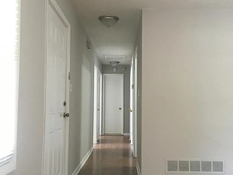 Hallway view from living room to hall bath and bedrooms