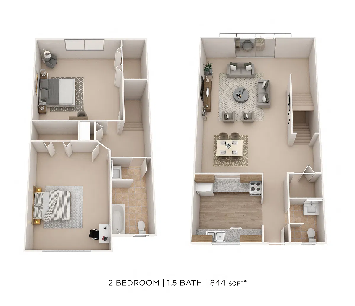 Floor plan Two Bedroom 1.5 Bath Townhome- 844 sqft