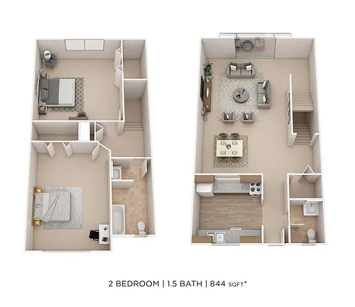 Floor plan Two Bedroom 1.5 Bath Townhome- 844 sqft