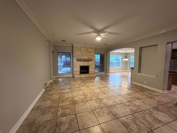 Large open living room with fireplace