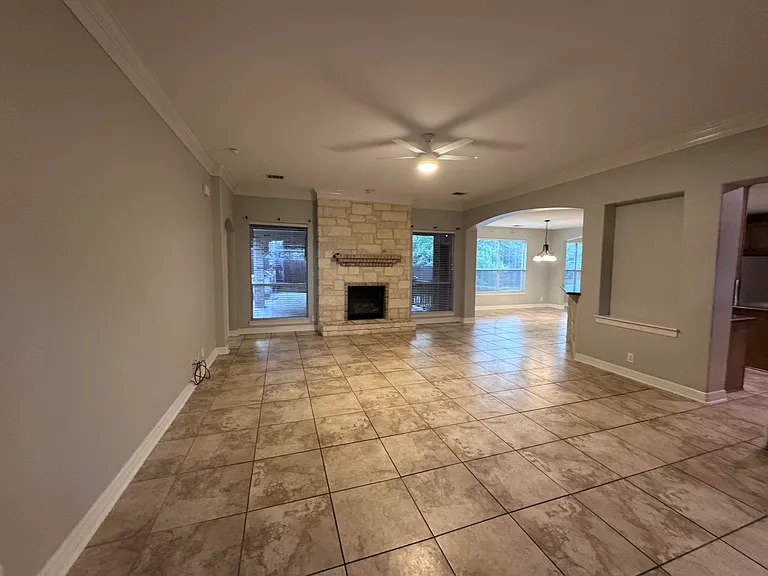 Large open living room with fireplace