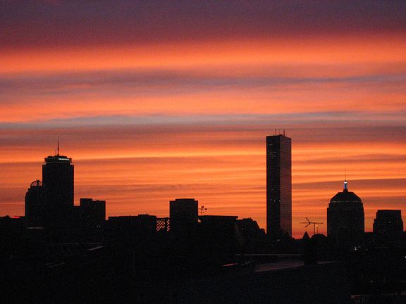 Sunset city skyline roofdeck view