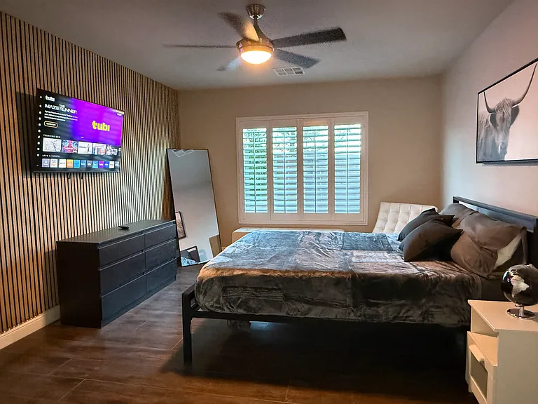 Mirror, Dresser, Mounted SmartTV, Bench, Lounge Chair, Shutters and Your Own Private Bathroom & Walk-In Closet