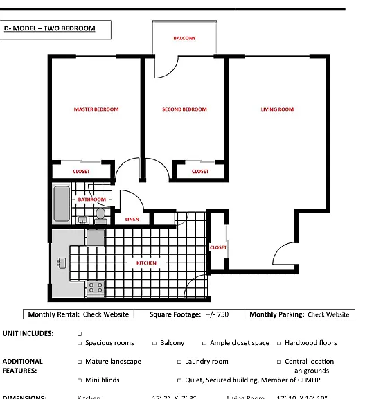 Our Model D 2-bedroom apartments feature an an eat-in kitchen, spacious living room, a bathroom, plentiful storage and two gracious bedrooms.
Second and third floor units have a balcony.