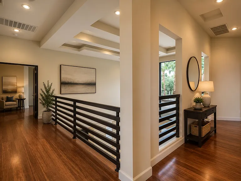 Open second-floor gallery with architectural ceiling details overlooking the grand foyer.
