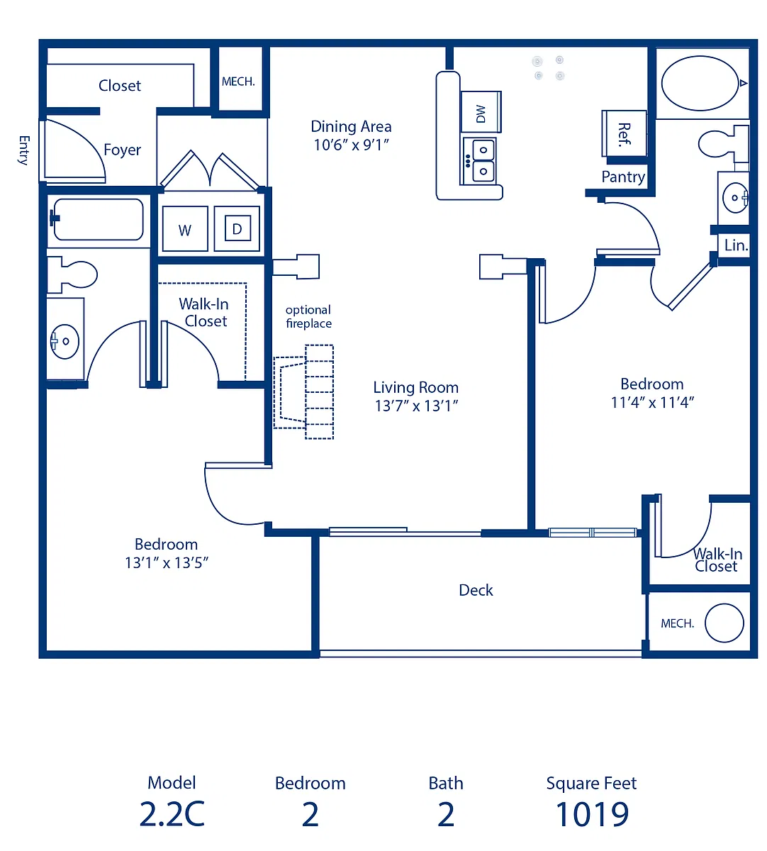 Floor plan 2BR 2BA 1019 Sqft Income Restricted
