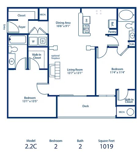 Floor plan 2BR 2BA 1019 Sqft Income Restricted