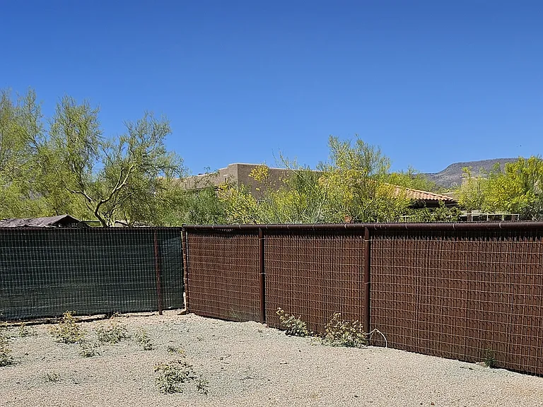 Fenced backyard, minus the weeds!