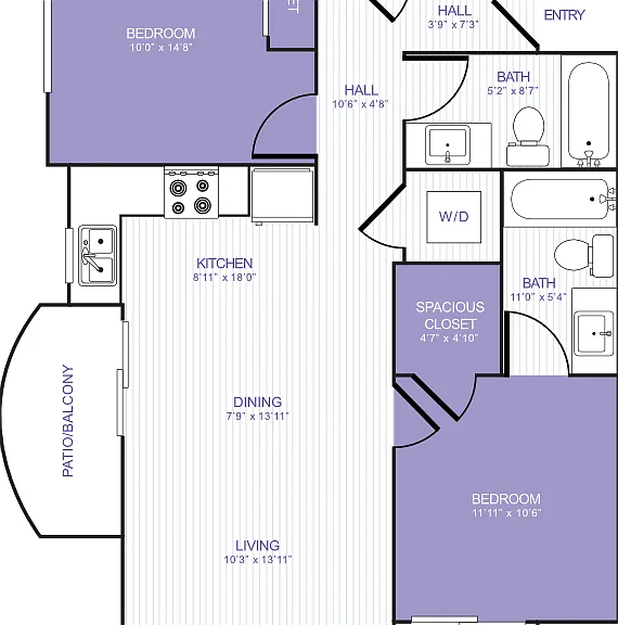 2 Bed 2 Bath 22F Floorplan Diagram