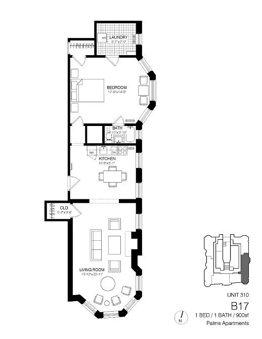Floor plan 1 Bedroom 1 Bath B17