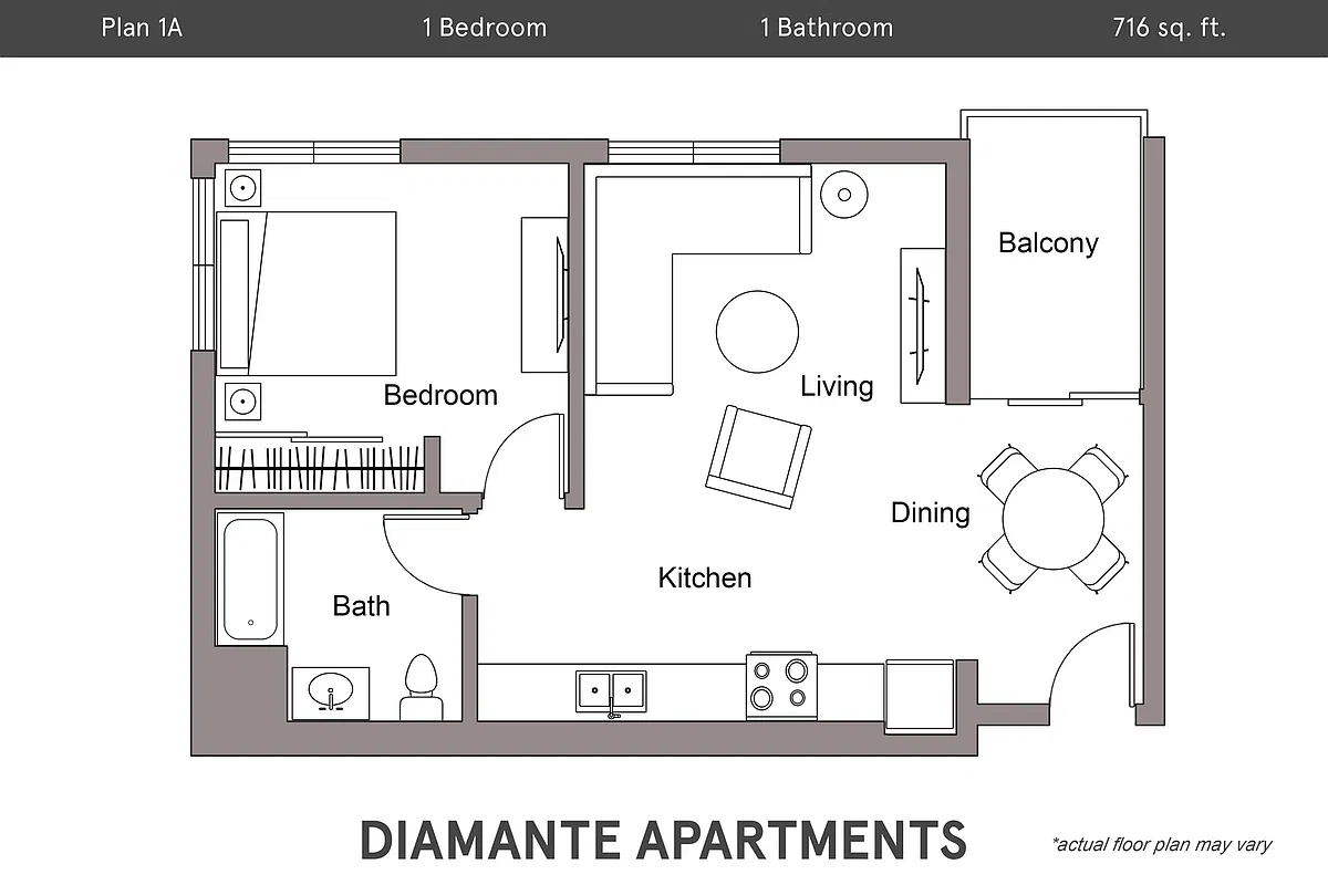 Floor plan Plan 1A - 1 Bedroom, 1 Bath